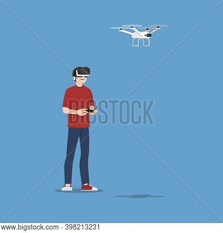 Young Handsome Man Character Wear Vr Glasses Controlling A Drone Multi-copter With Camera By Wireles