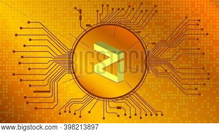 Zilliqa Cryptocurrency Token Symbol, Zil Coin Icon In Circle With Pcb On Gold Background. Vector Ill