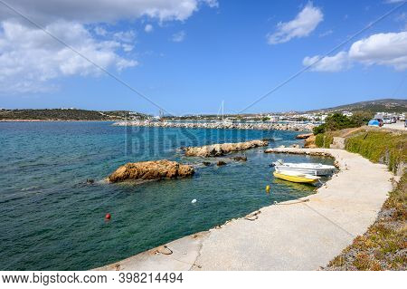 Aliki Bay Paros With Turquoise Waters In Aliki Village. Paros Island, Cyclades, Greece