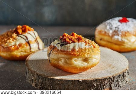 Happy Hanukkah And Hanukkah Sameach Is A Traditional Jewish Donuts With Dulce De Leche, Chocolate An