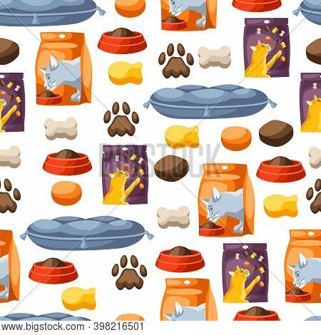 Seamless Pattern With Various Cat Items. Illustration Of Food And Couch.