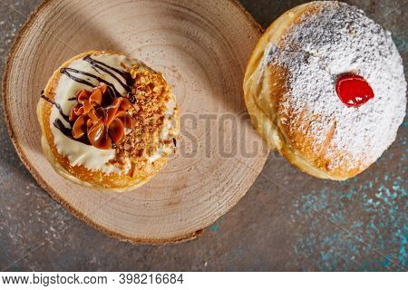 Happy Hanukkah And Hanukkah Sameach Is A Traditional Jewish Donut With Dulce De Leche, Chocolate And