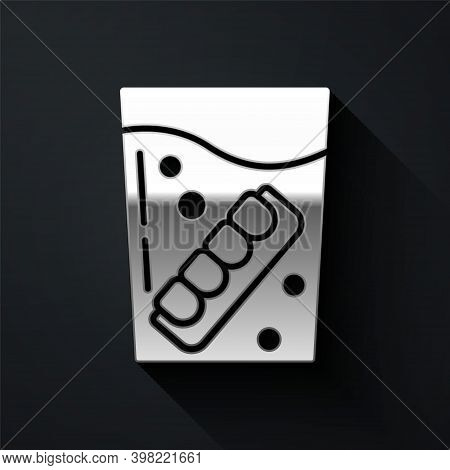 Silver False Jaw In Glass Icon Isolated On Black Background. Dental Jaw Or Dentures, False Teeth Wit