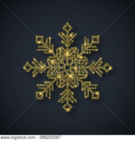 Gold Glitter Textured Snowflake Icon On Black Background. Vector Shiny Christmas, New Year And Winte