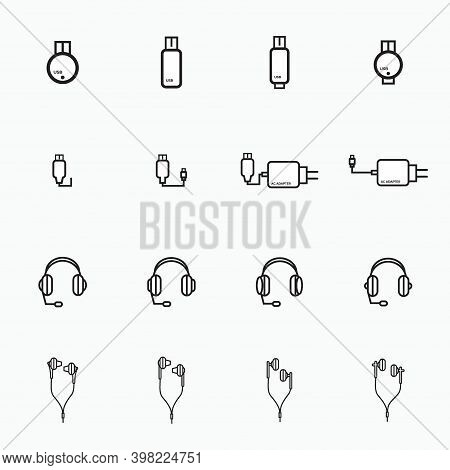 Headphones, Earphone, Charger And Usb Flashdisk - Outline Computer And Smartphone Accessories Icon S