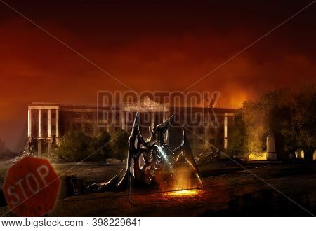 Illustrated Sci-fi Alien Robotic Insect Creatures Invading Destroyed City Streets Artwork.