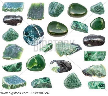 Collection Of Various Jade Natural Mineral Gem Stones And Samples Of Rock Isolated On White Backgrou