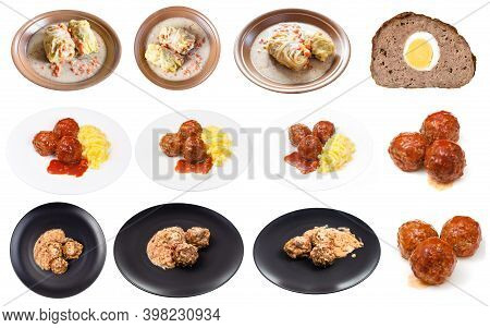 Set Of Various Cooked Meatballs Isolated On White Background