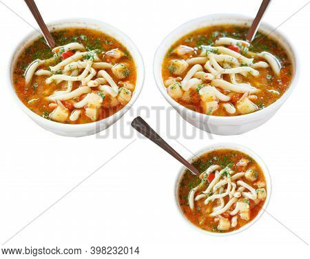 Set Of Central Asian Laghman Soups In White Bowl Isolated On White Background
