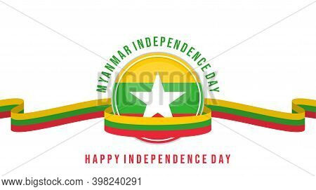 Myanmar Emblem Flag With Myanmar Flag Ribbon Vector Illustration. Template For Myanmar Independence 