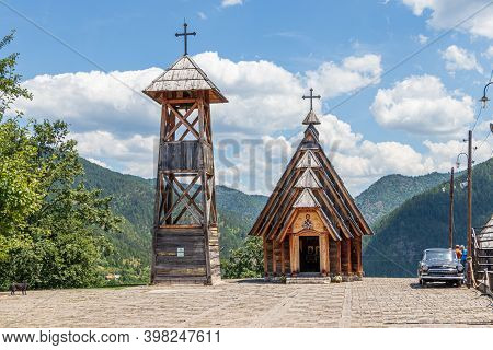 Mokra Gora, Serbia - July 15, 2020: Main Square Kustendorf, Traditional Village Drvengrad.