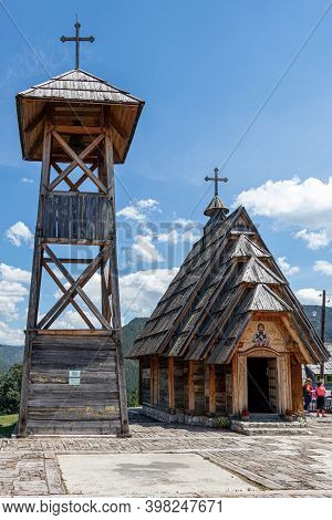 Mokra Gora, Serbia - July 15, 2020: Church In Main Square In Kustendorf, Drvengrad.