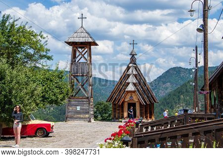 Mokra Gora, Serbia - July 15, 2020: Church In Main Square In Kustendorf, Drvengrad.