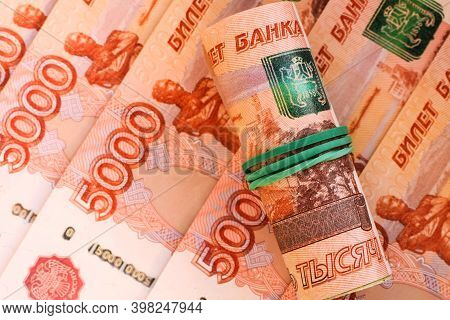 Money Background In Red. Russian Currency. Banknote 5000 Rubles. Financial Crisis, Ruble Devaluation