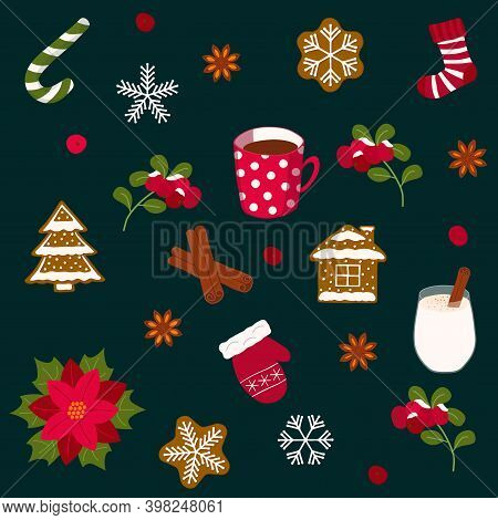 Poinsettia, Cowberry With Snow, Cup Of Tea, Cinnamon And  Cookies, Egg-nog, Socks, Flat Christmas Ve