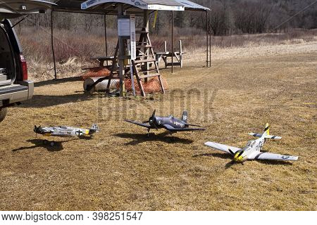 Torrington, Connecticut.  March 8, 2019. Three Model World War 2 Airplanes On The Ground At Sunnybro