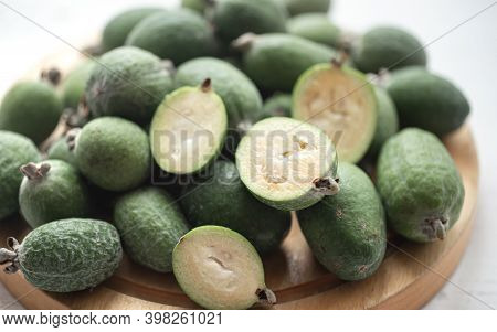 Feijoa Green On A Light Background. Feijoa Selloana Is A Fruit Crop From Tropical Regions. Organic H