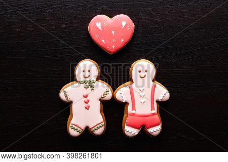 Gay Pride. Conceptual Background. Lgbt Tolerance. Valentine Day. Happy Pink Gingerbread Man Biscuit 