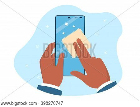 Hands Are Holding And Cleaning Mobile Phone Screen With A Napkin. Napkin Turns Dirty Surface With Mi