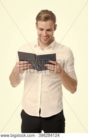Read Good Book. Happy Guy Read Book Isolated On White. Handsome Man Read Avidly. Student Of Language