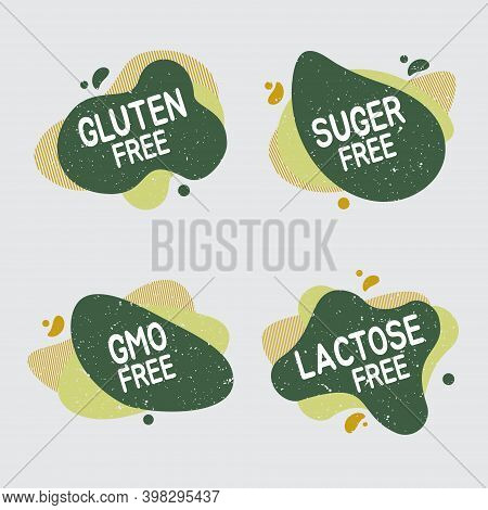 Set Of Allergen Free Badges. Lactose, Gluten, Sugar And Gmo Free. Vector Signs Of Allergen Contant F