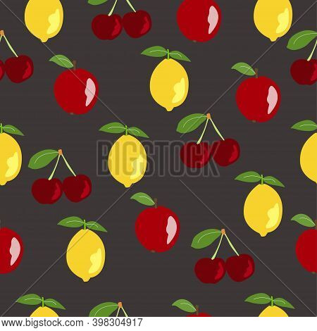 Fruits Seamless Pattern On Dark Background For Textile, Packaging