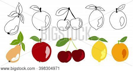 Fruit Drawn Icons Vector Set. Illustration Of Colored And Monochrome Fruits For Design Farm Product,