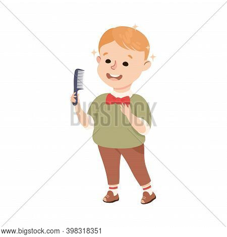 Obedient Boy With Good Breeding Combing His Hair And Grooming Vector Illustration