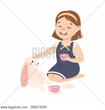 Obedient Girl With Good Breeding Playing With Fluffy Toy Vector Illustration