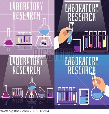 Cards With Glass Test Tubes, Flasks And Beakers In Medical, Chemistry Laboratory