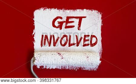 Get Involved .one Open Can Of Paint With White Brush On Red Background.