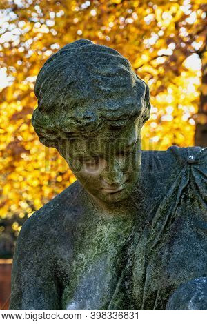 View Of Famous Old North Cemetery Of Munich, Germany With Historic Gravestones. Funerals Have Not Be