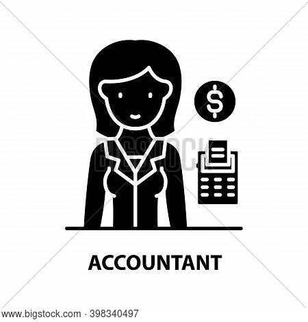 Accountant With Cashmachine Icon, Black Vector Sign With Editable Strokes, Concept Illustration