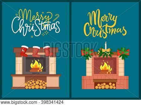 Merry Christmas Fireplace Decorated With Socks Vector. Furnace With Burning Logs And Pine Tree Decor