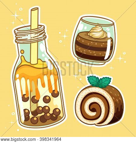 Beverages With Sweetmeats. Hand Drawn Set Collection. Vector Illustration.