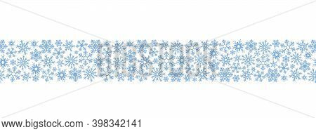 Snowflakes. Seamless horizontal border. Repeating vector pattern. Isolated colorless background. Endless holiday ornament. Delicate crystal background. Idea for web design, packaging, cover, printing. Frostwork. Frozen star. Christmas, new year.