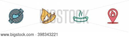 Set Barbecue Grill With Steak, Hot Chili Pepper Pod, Hotdog Sandwich And Location Fire Flame Icon. V