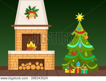Green Flat Decorated Fir-tree With Balls And Ribbons And Gift Boxes. Fireplace With Firewood On Floo