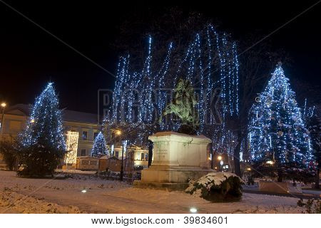 outdoor christmas lights in a little town