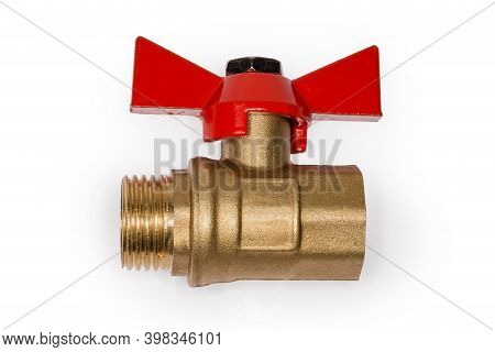Ball Valve With Brass Body And Red Butterfly Handle On A White Background, Side View