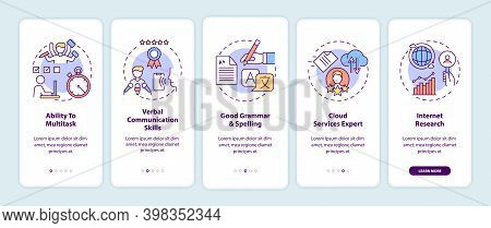 Virtual Assistant Skills Onboarding Mobile App Page Screen With Concepts. Multitasking Employee Walk