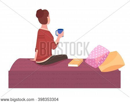 Nice Woman Sitting On The Sofa Vector Illustration. Dreamy Girl Looks Into The Distance Back View. F