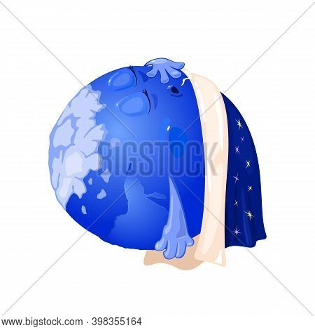 Peaceful Planet Earth Rest Under Duvet. Vector World In Calm And Good Condition, Get Strength And En