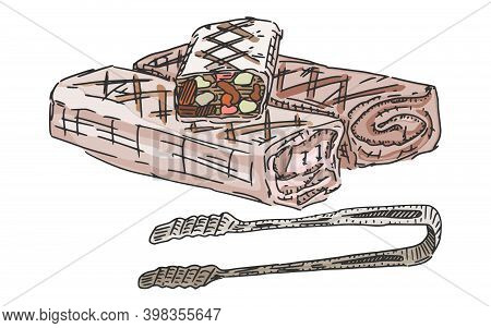 Kebab Oriental Food In Pita Bread With Tongs. Doodle Sketch Vector