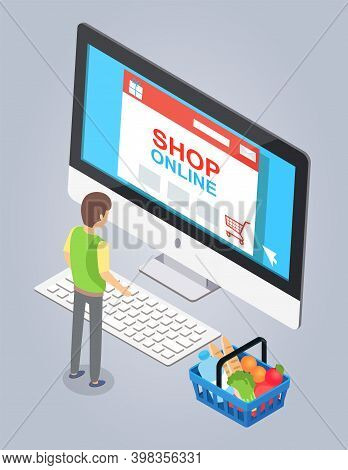 Online Store Concept. Male Buyer Selects A Product On A Store Website On A Computer. Internet Shoppi