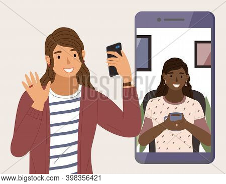 Virtual Meeting On The Internet. Female Characters On Phone Screen. Chatting Via The Internet. Onlin