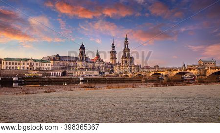 Dresden, Germany. Cityscape Image Of Skyline Dresden, Germany With Dresden Cathedral During Beautifu