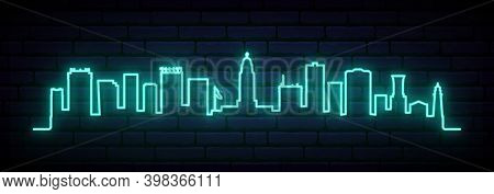 Blue Neon Skyline Of Lincoln. Bright Lincoln City Long Banner. Vector Illustration.
