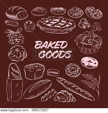 Collection Of Hand Drawn Baked Goods Outline Bread, Cookies, Donuts, Cupcakes, Buns Objects Isolated