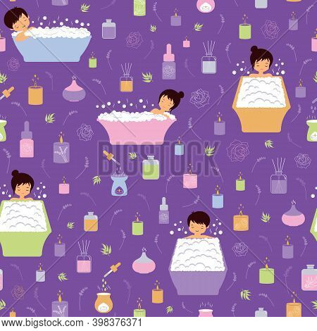 Seamless Vector Pattern On The Theme Of Aromatherapy Bubble Bath. A Beautiful Illustration Of Calm A